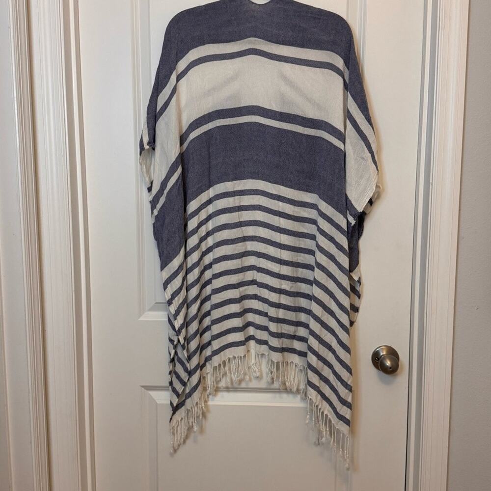 Isaac Mizrahi Blue and White Striped Poncho with Fringe - Picture 3 of 3